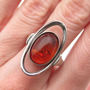 925 Sterling Silver Vintage MW Poland Real Amber Modernist Ring Size 7.25