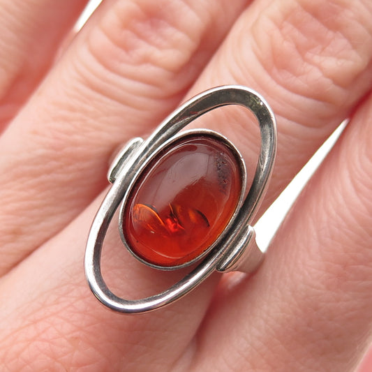 925 Sterling Silver Vintage MW Poland Real Amber Modernist Ring Size 7.25