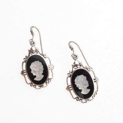 Ken Crafts 925 Sterling Vintage Real MOP & Black Onyx Lady Cameo Dangle Earrings