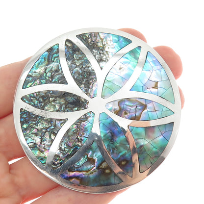 LOS BALLESTEROS Sterling Vintage Mexico Real Abalone Shell Flower Brooch Pendant