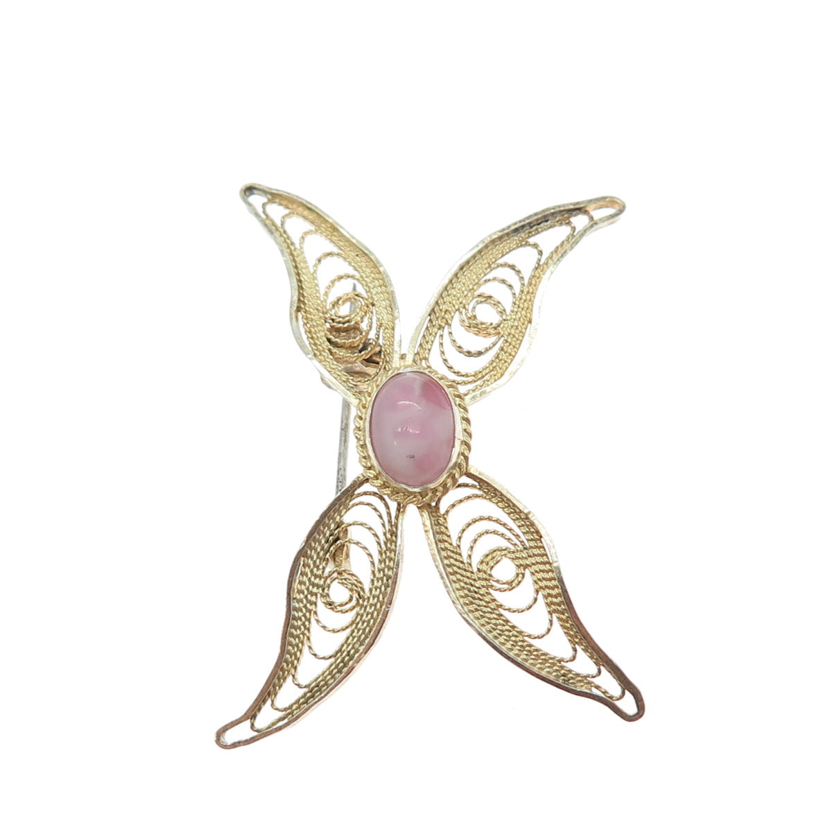 925 Sterling Gold Plated Vintage Israel Real MOP Butterfly Filigree Pin Brooch