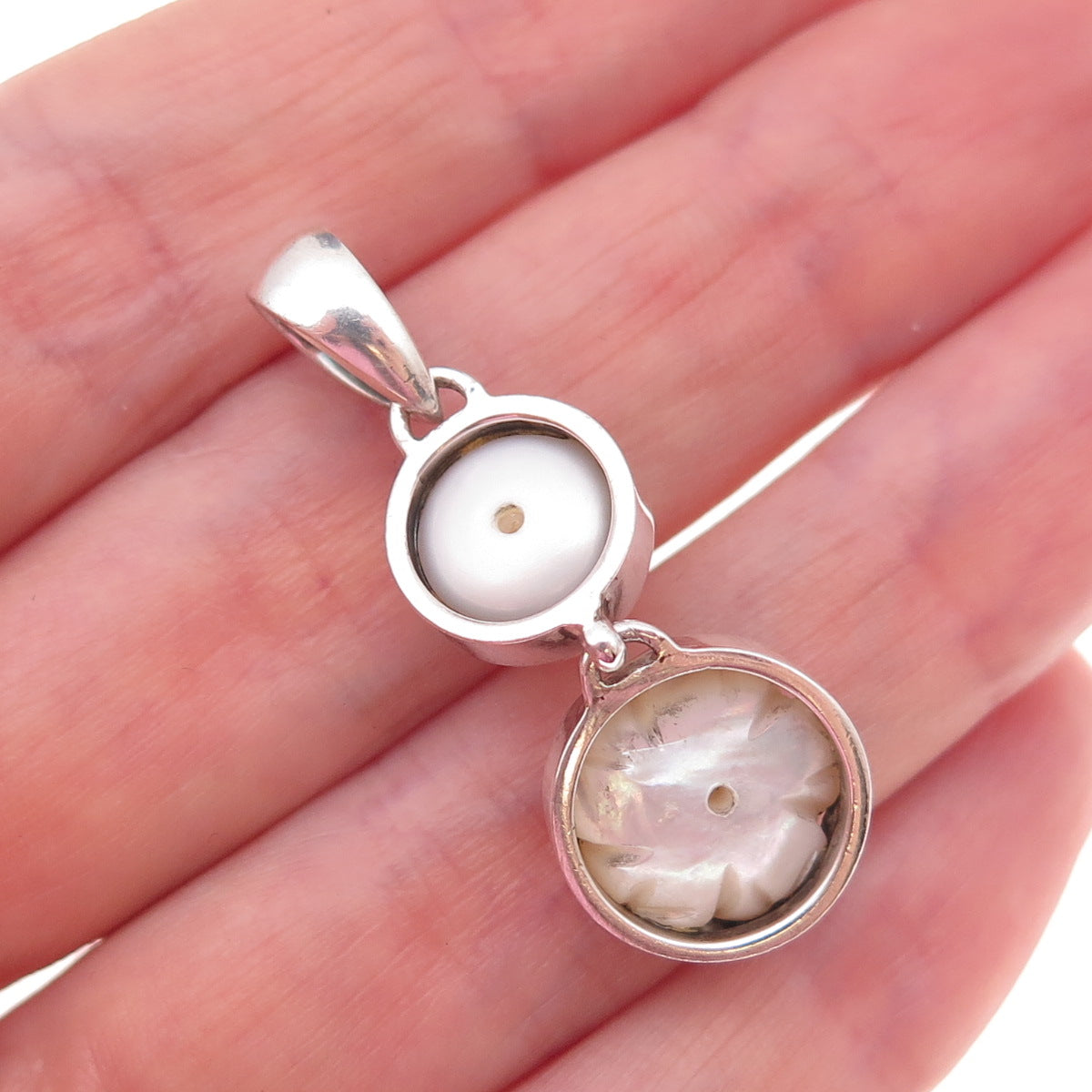 925 Sterling Silver Real Pearl & MOP Rose Carved Floral Charm Pendant