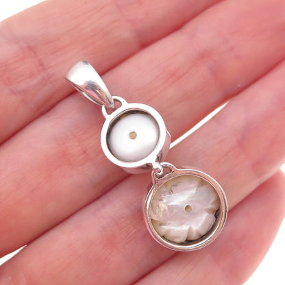925 Sterling Silver Real Pearl & MOP Rose Carved Floral Charm Pendant