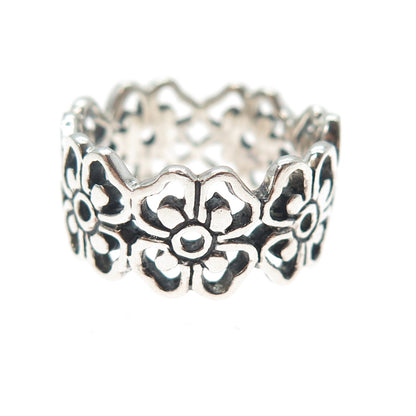 925 Sterling Silver Vintage Flower Blossom Oxidized Band Ring Size 8.25