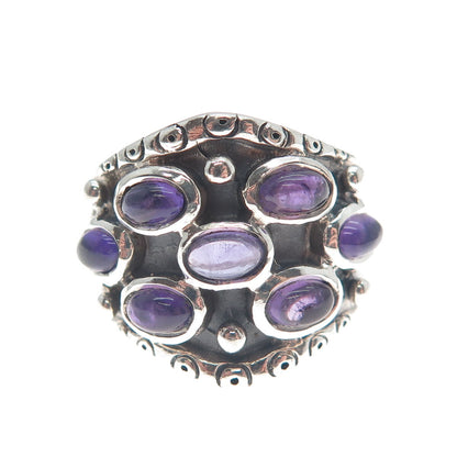 925 Sterling Silver Vintage Real Amethyst Modernist Oxidized Ring Size 8