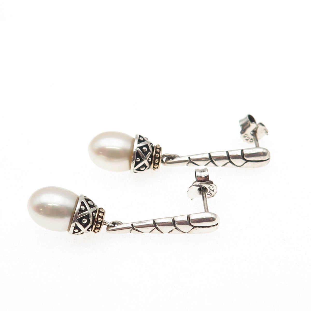 925 Sterling Silver 14K Gold Vintage ATR Real Pearl Modernist Dangle Earrings