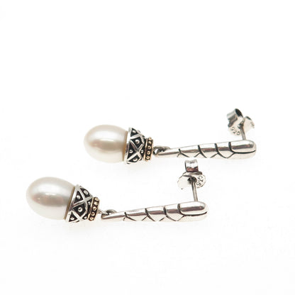 925 Sterling Silver 14K Gold Vintage ATR Real Pearl Modernist Dangle Earrings