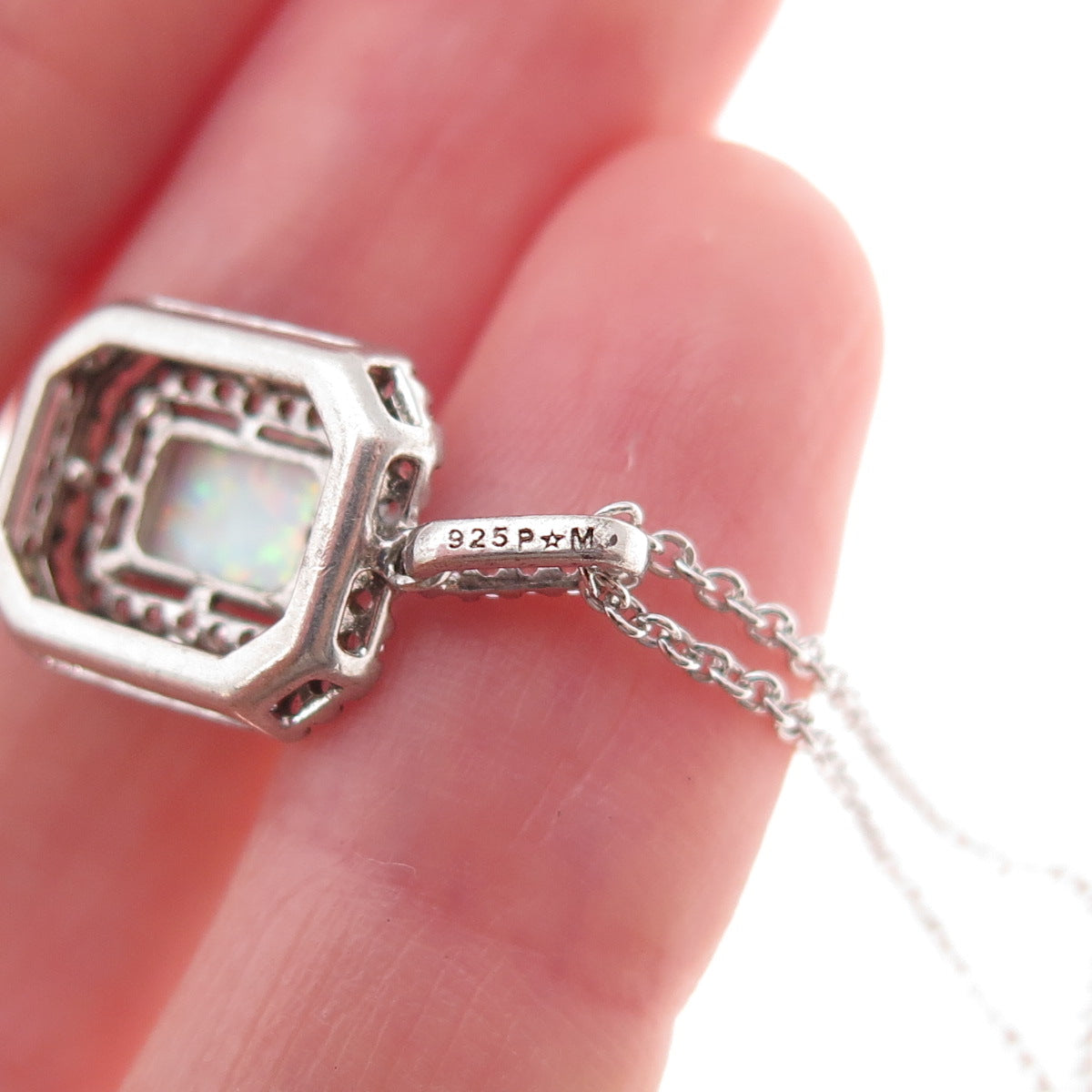 925 Sterling Silver Real Opal & C Z Cable Chain Necklace 18"