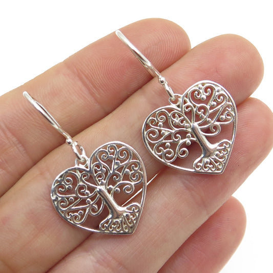 925 Sterling Silver Vintage Tree of Life Heart Ornate Dangle Earrings