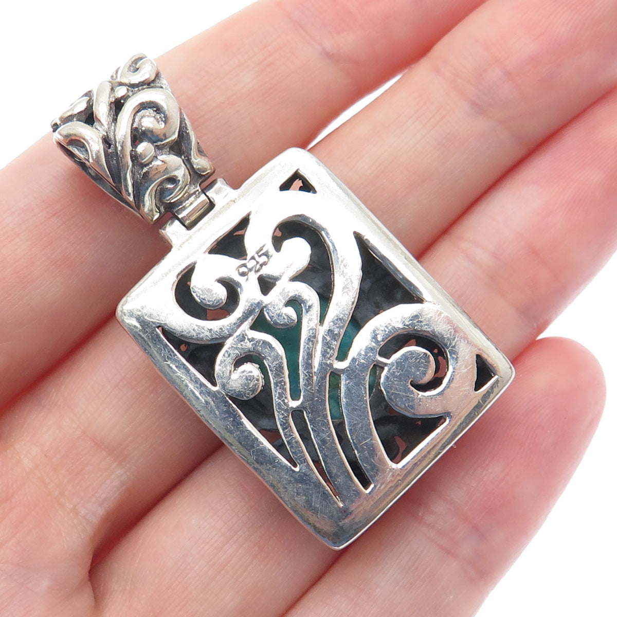 925 Sterling Silver Vintage Real Lone Mountain Turquoise Floral Ornate Pendant