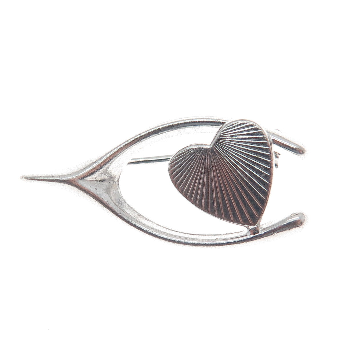 HARRY S. BICK 925 Sterling Silver Antique Art Deco Wishbone & Heart Pin Brooch