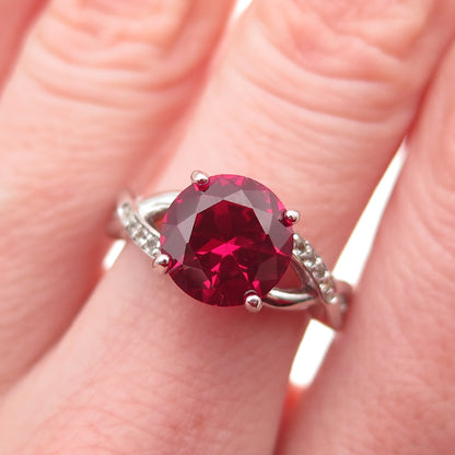 925 Sterling Silver Round-Cut Lab-Created Ruby & Real White Topaz Ring Size 7