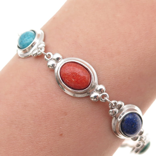 Coleman Co Sterling Vintage Turquoise Coral Lapis Malachite Inlay Bracelet 6.75"
