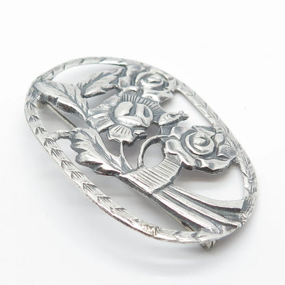 925 Sterling Silver Vintage Open Floral Pin Brooch