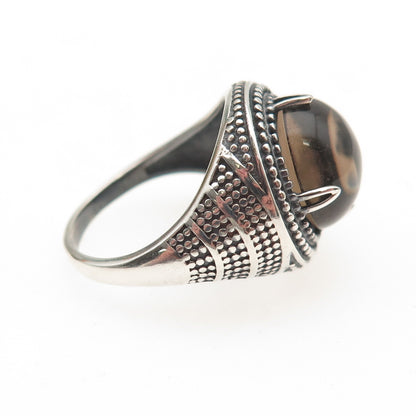 925 Sterling Silver Vintage Real Smoky Quartz Oxidized Dotted Ring Size 9