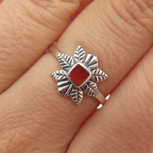 925 Sterling Silver Vintage Real Carnelian Floral Leaf Oxidized Ring Size 7.25