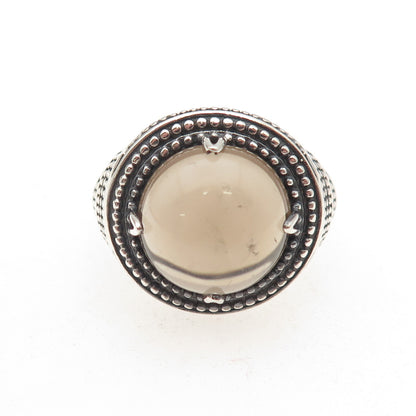 925 Sterling Silver Vintage Real Smoky Quartz Oxidized Dotted Ring Size 9