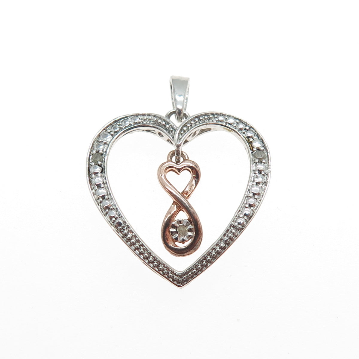 925 Sterling Silver 2-Tone Real Round-Cut Diamond Heart Charm Pendant
