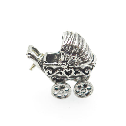 SUNRISE 925 Sterling Silver Vintage Baby Stroller Oxidized 3D Charm Mini Pendant