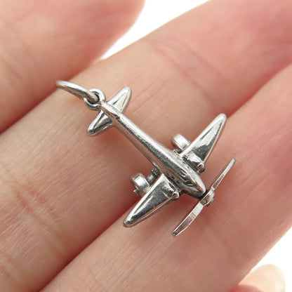 925 Sterling Silver Antique Art Deco Airplane 3D Charm Pendant