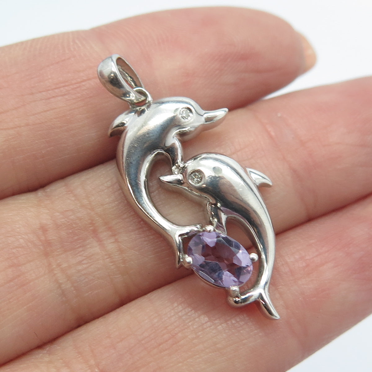 925 Sterling Silver Real Round-Cut Diamond & Amethyst Friendly Dolphin Pendant