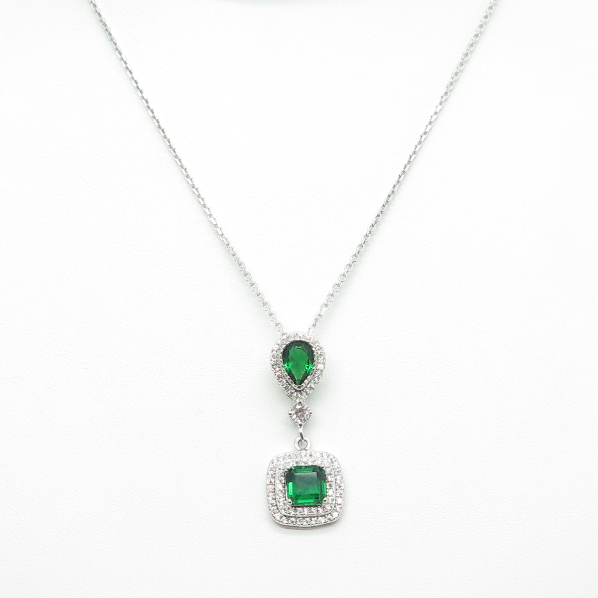 925 Sterling Silver Multi-Cut Green & White C Z Cable Chain Necklace 16"