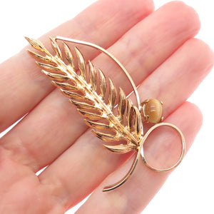 WELLS 925 Sterling Silver Gold Plated Vintage Real Tiger Eye Feather Pin Brooch
