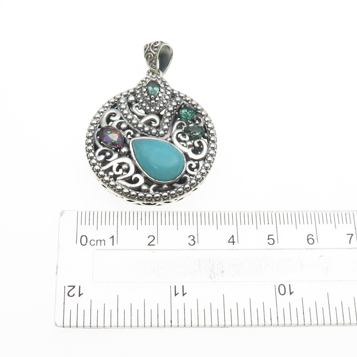 BERIA Sterling Silver Vintage Real Amazonite Mystic Quartz & Tourmaline Pendant