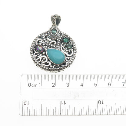 BERIA Sterling Silver Vintage Real Amazonite Mystic Quartz & Tourmaline Pendant