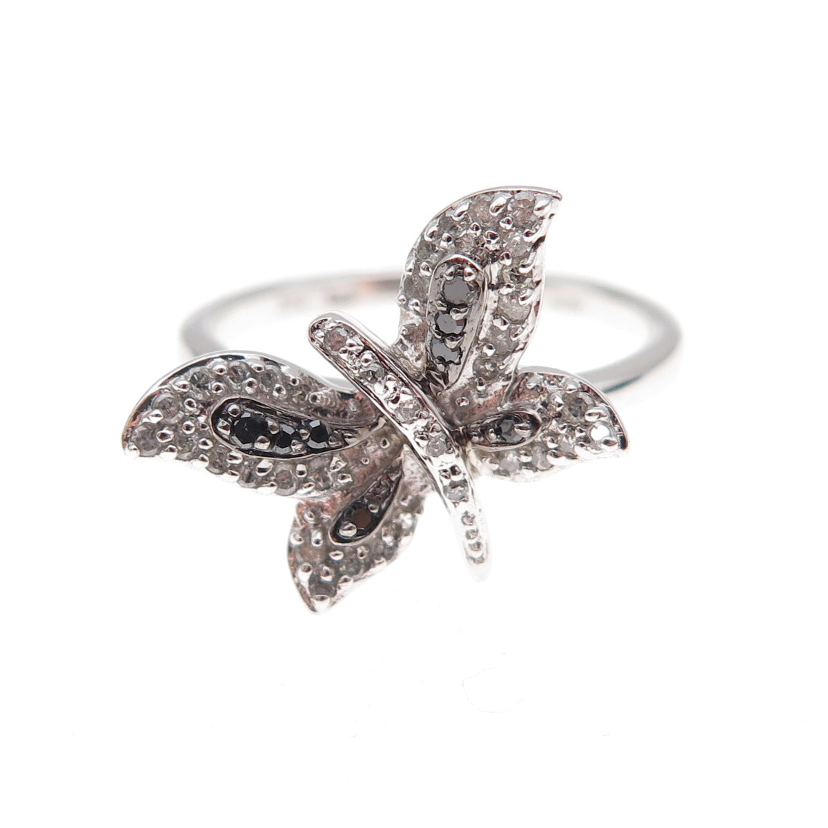 925 Sterling Silver Real Black & White Diamond Butterfly Ring Size 7