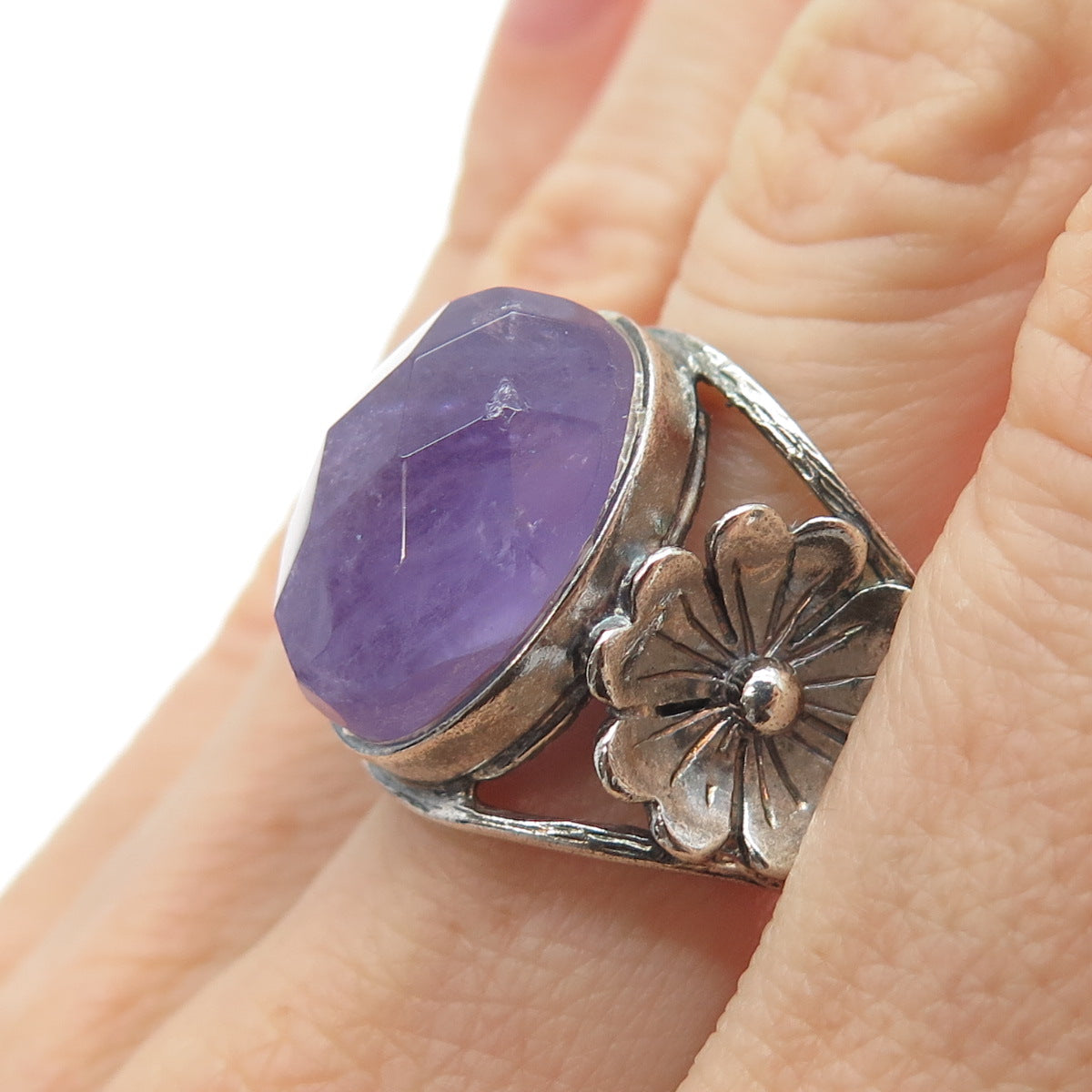 RIDER 950 Silver Vintage Real Amethyst Modernist Flower Oxidized Ring Size 8.75