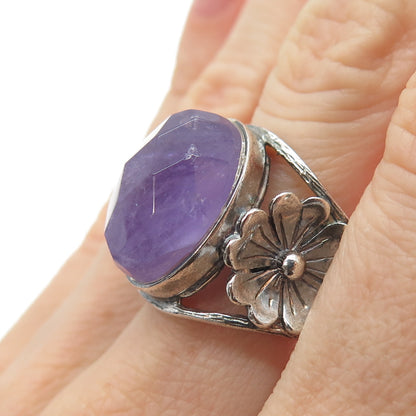 RIDER 950 Silver Vintage Real Amethyst Modernist Flower Oxidized Ring Size 8.75