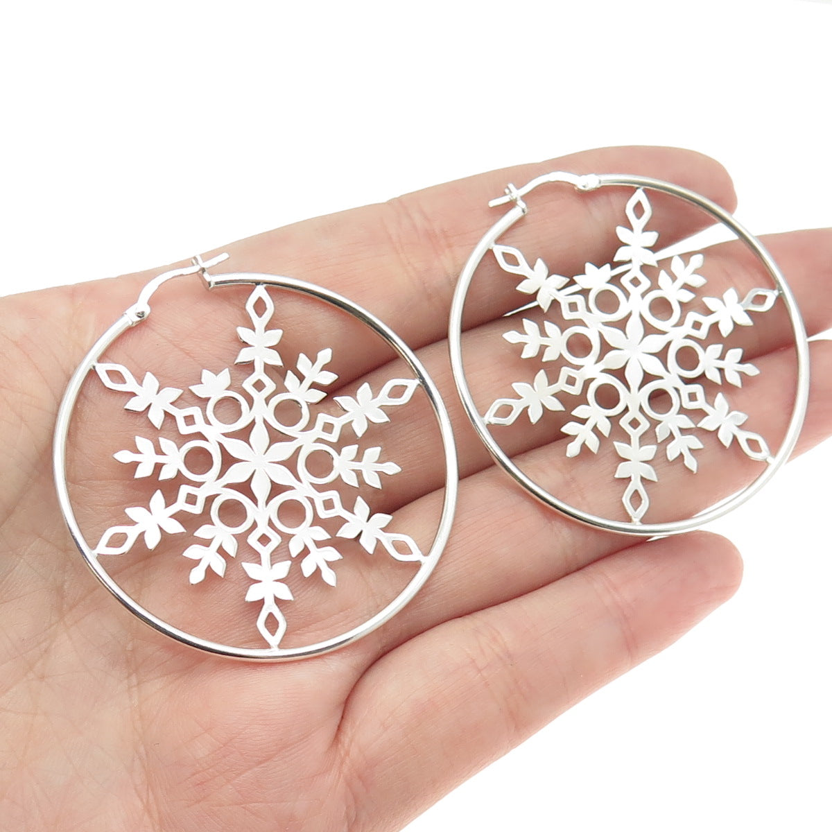 925 Sterling Silver Snowflake Hoop Earrings