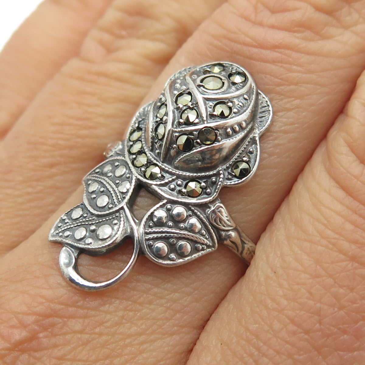 UNCAS 925 Sterling Silver Antique Real Marcasite Gem Rose Floral Ring Size 9.25