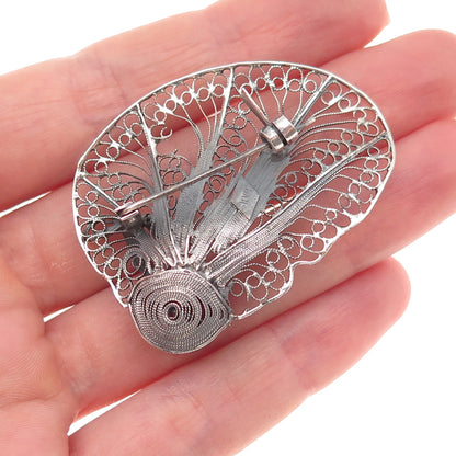 925 Sterling Silver Vintage Real Amethyst Floral Filigree Oxidized Pin Brooch