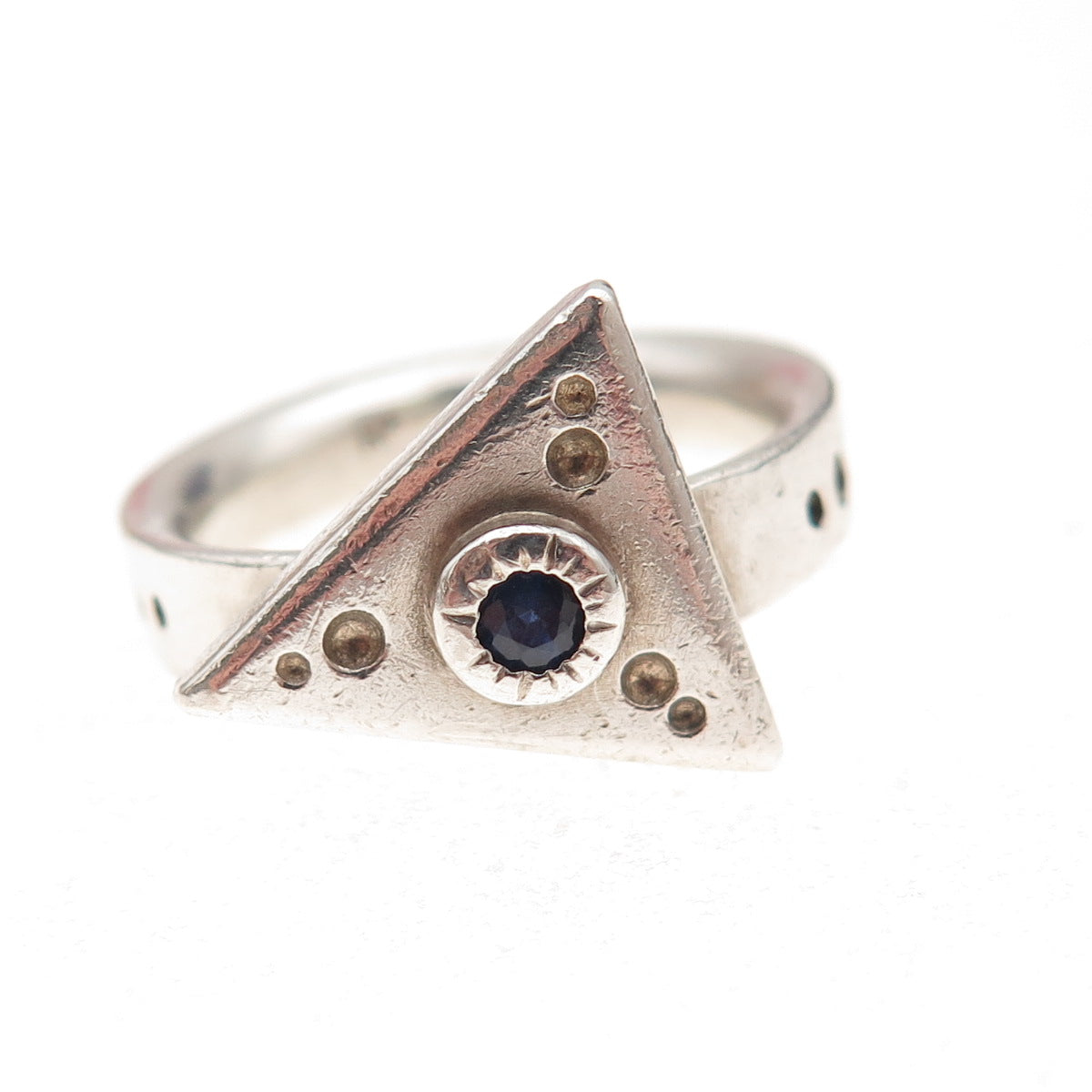 925 Sterling Silver Vintage Real Sapphire Modernist Oxidized Ring Size 8
