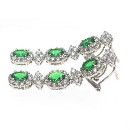 925 Sterling Silver Oval-Cut Nano Emerald & Round C Z Omega Back Earrings