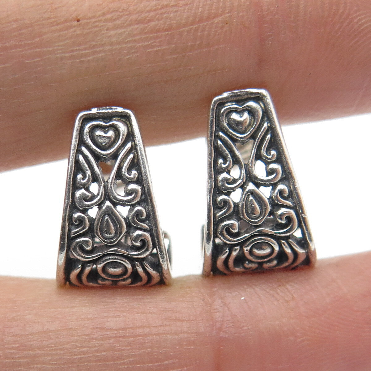 925 Sterling Silver Vintage Ornate Heart Oxidized Earrings