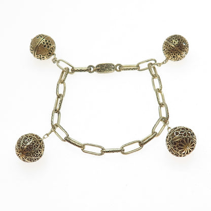 925 Sterling Gold Plated Antique China Filigree Ball Oval Link Bracelet 5.75"
