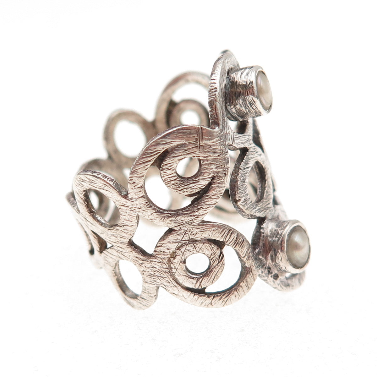 925 Sterling Silver Vintage Real Pearl Modernist Swirl Oxidized Ring Size 7.5