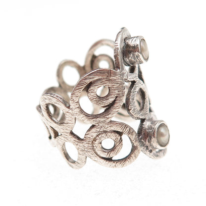 925 Sterling Silver Vintage Real Pearl Modernist Swirl Oxidized Ring Size 7.5