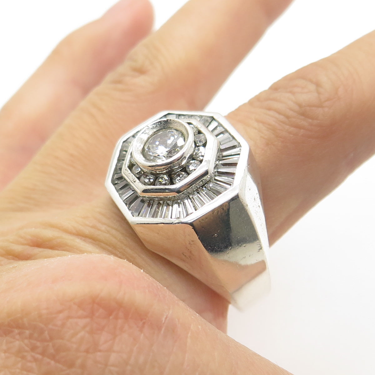 925 Sterling Silver Round & Tapered Baguette C Z Statement Ring Size 14.5