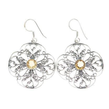925 Sterling Silver Vintage Real Yellow Topaz Ornate Flower Dangle Earrings