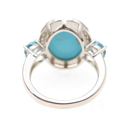 925 Sterling Silver Real Tyrone Turquoise Blue & White Topaz Ring Size 8