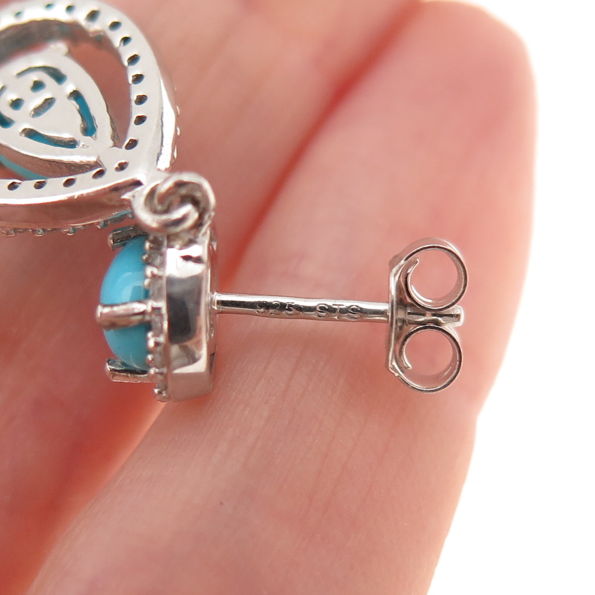 925 Sterling Silver Real Sleeping Beauty Turquoise & White Topaz Dangle Earrings