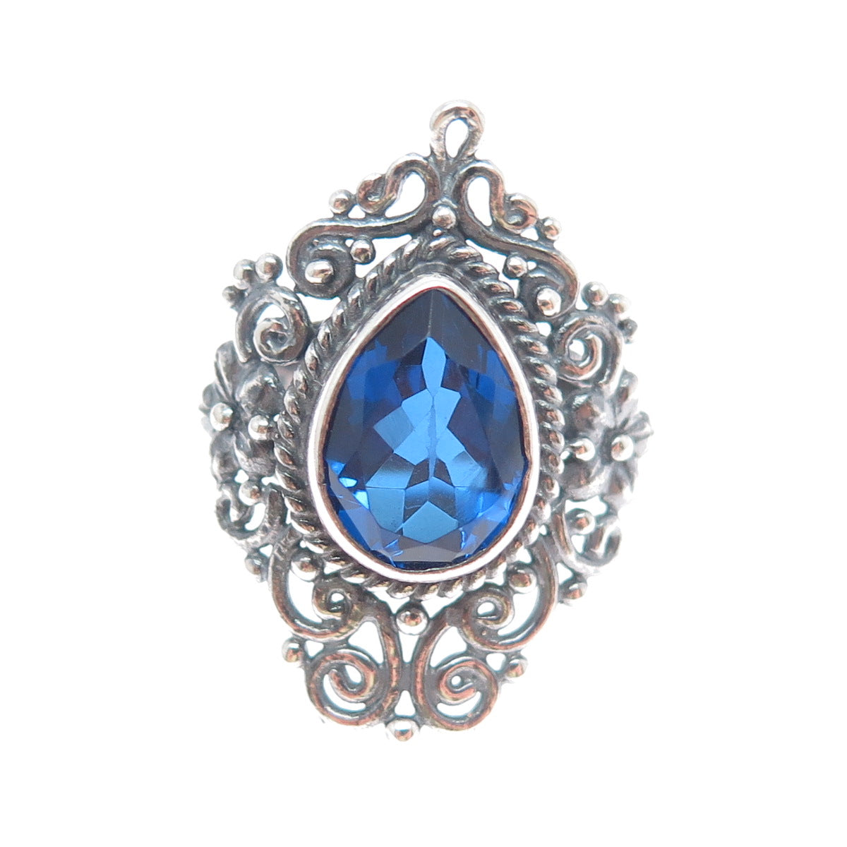 925 Sterling Silver Vintage Lab-Created Sapphire Flower Oxidized Ring Size 8.25