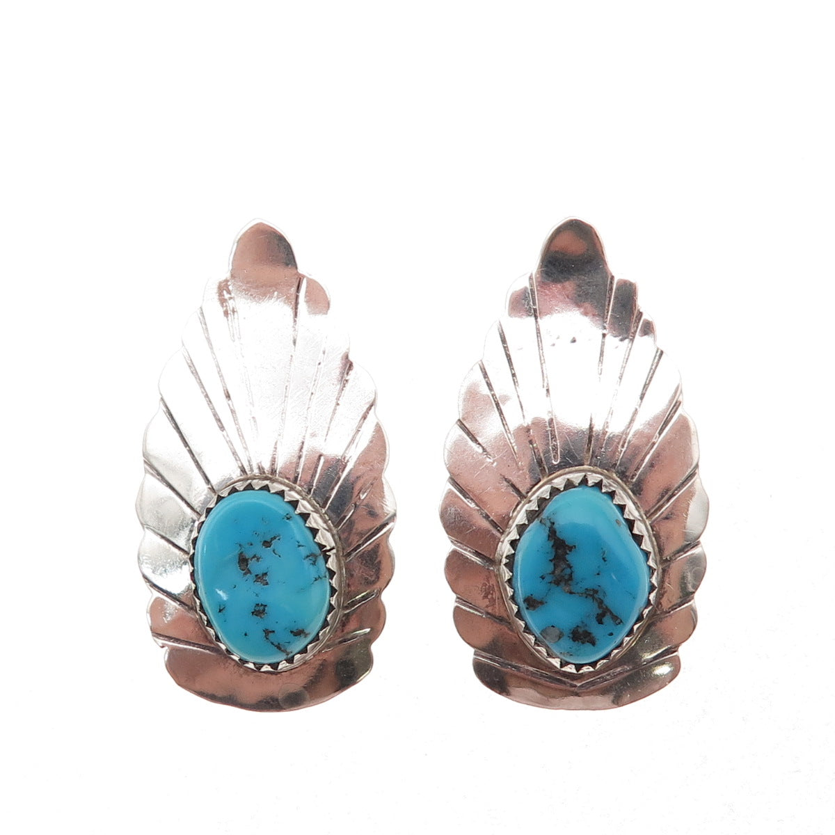 Old Pawn Sterling Silver Vintage Southwestern Turquoise Floral Clip On Earrings