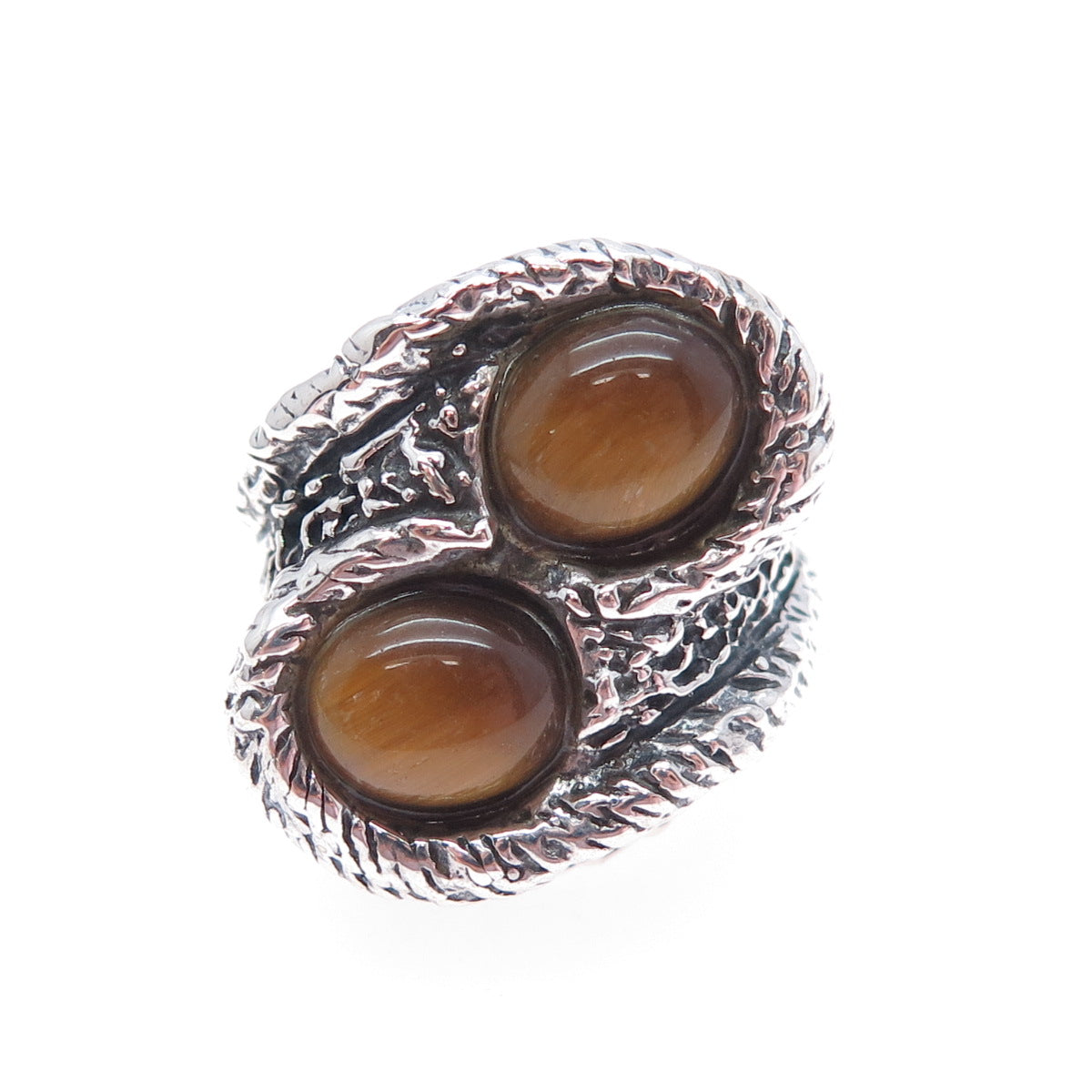 925 Sterling Silver Vintage Real Tiger Eye Modernist Adjustable Ring Size 6.25
