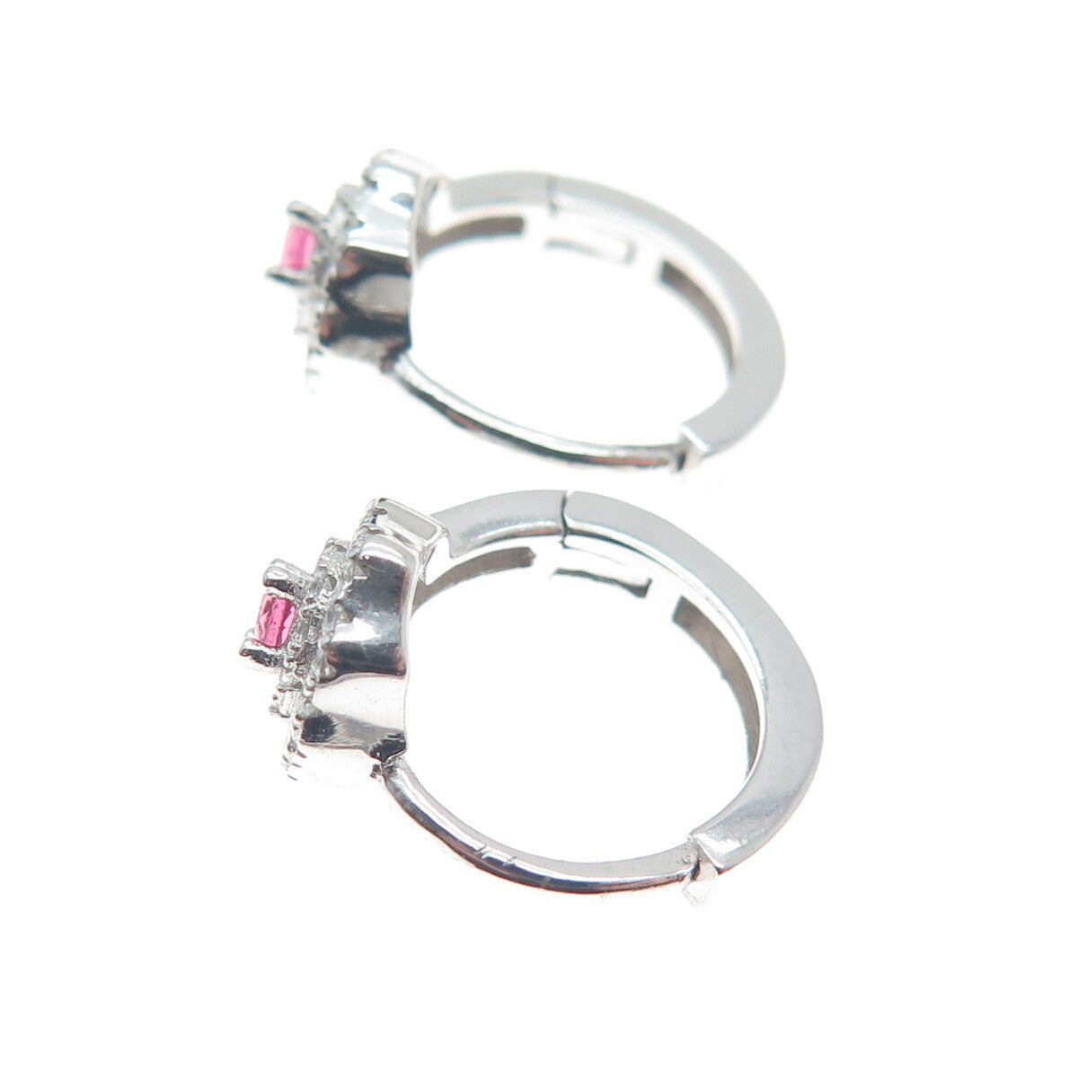925 Sterling Silver Round-Cut Pink & White C Z Flower Hoop Earrings
