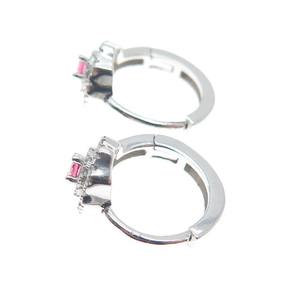925 Sterling Silver Round-Cut Pink & White C Z Flower Hoop Earrings